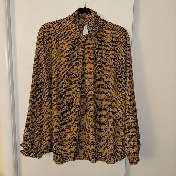 Primark Women’s Orange Black Abstract Pattern Mock Neck Blouse 14 EUC - Picture 1 of 10